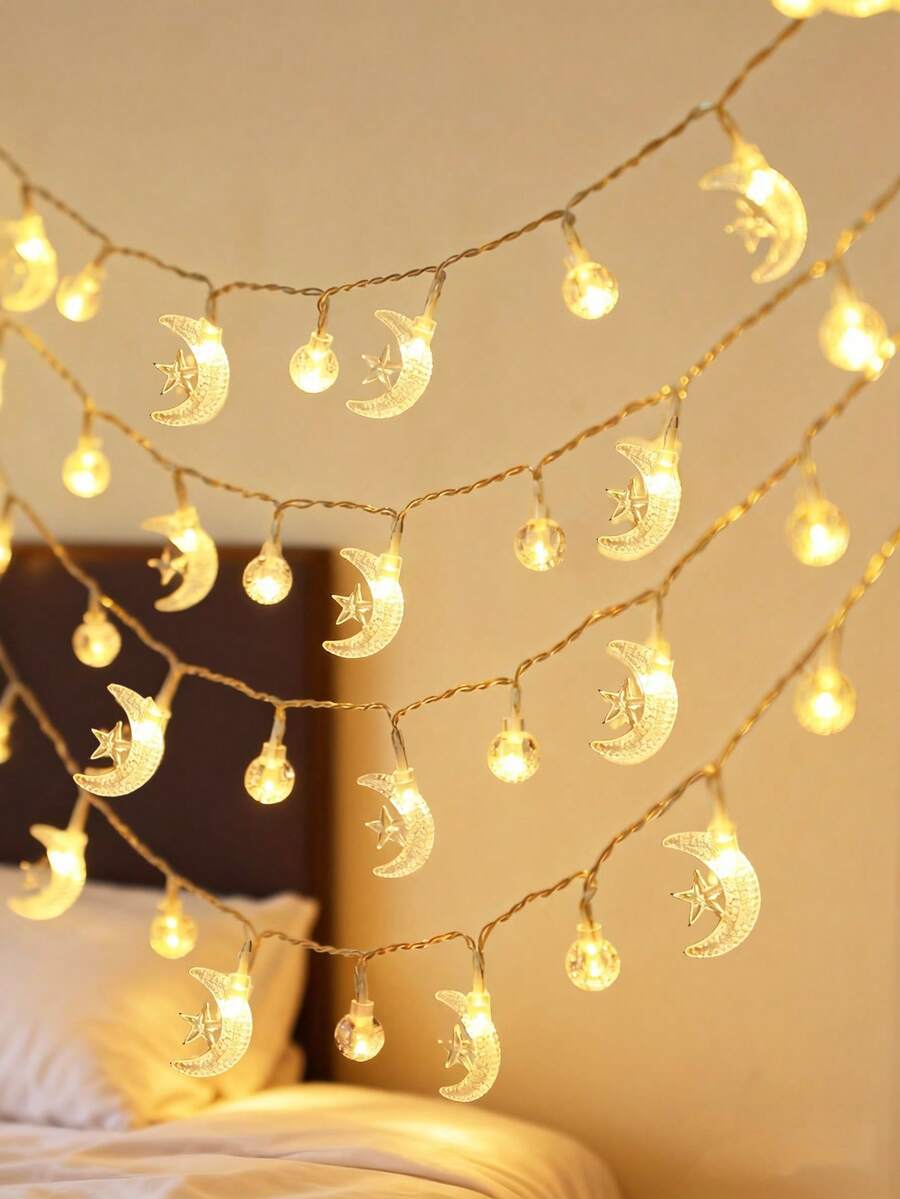 1pc 1.5/3/6m Plastic Ball Moon Decoration String Lights, Battery Powered Indoor Moon Decoration String Lights, Room Decor, Bedroom Decor, Wall Decor Lights, Holiday Decor Star Moon String Lights, Outdoor Decoration Lights - đèn vàng - Xem 1