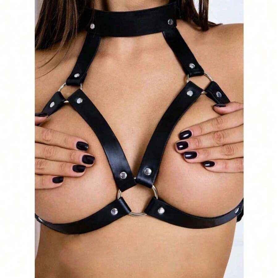 Strap Leather Bra Harness Sexy Chest Leather Belt Valentine's Day Gift Date Outfit Women's Sexy Accessories - màu đen - Xem 1