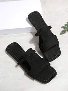 黑色方头平底拖鞋，麂皮绒面革女士沙滩休闲鞋，优雅休闲百搭夏季平底拖鞋 - 黑色 - 查看 15