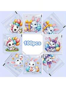100pcs/Pack Rabbit Egg Candy Bags, Cartoon OPP Flat Bags, Easter Gifts Packaging Bags, Assorted 4-In-1 Random Mix - Multicolor - View 1