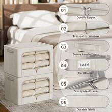 FHSQX 3 Pack Clothes Storage Bins Foldable Metal Frame Storage Box Stackable Linen Fabric Organizer Set With Carrying Handles And Clear Window (Beige, 15.7x11.8x7.8inch(22L)) - Màu be 157x118x78 inch 22 lít - Xem 5