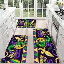 Mardi Gras Kitchen Mat - Colorful Jester Mask & Fleur-De-Lis Pattern, Purple Beads & Triangular Design, Non-Slip Washable Floor Mat For Kitchen Countertop Area, Fits White Tiled Floors - Idea - Multicolor - View 3