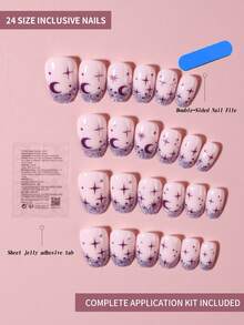 24pcs Y2K Style Short Oval Glitter French Manicure Nail Stickers, Star & Moon Pattern, Lucky Girl Style, Perfectly Fit Acrylic Nail Kit, Includes 1pc Jelly Gel And 1pc Nail File, Suitable For Women And Girls Daily Work, Study And Party Use - Multicolor - View 2