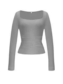 Vaiaye 女士春夏性感修身长袖针织上衣，纯色方领T恤，休闲百搭，简约日常休闲装 - 灰色 - 查看 3