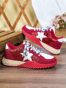 节日红色休闲运动鞋，新年闪亮设计，欧美风户外滑板鞋，性感热情的红色鞋底，系带，圆头，低帮，耐磨，多功能，情人节礼物，休闲外出，派对，女士运动鞋 - 紅白色 - 查看 4