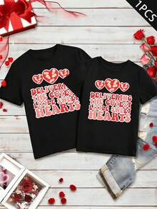 Camiseta con motivo de corazón para parejas, otoño, algodón premium, corte cómodo, transpirable, informal, estampado llamativo. - HombresNegro-1PC - Ver 2