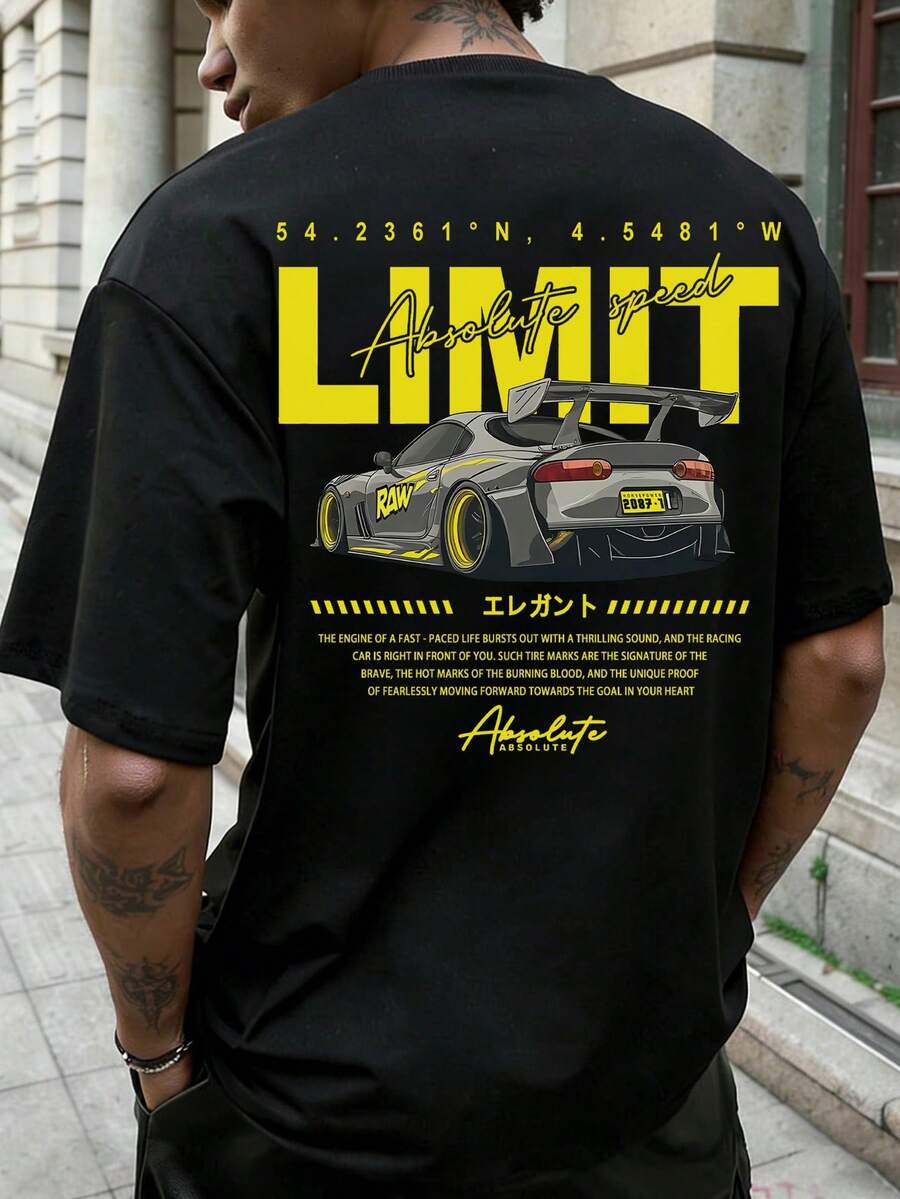 Men's Summer Fashion Minimalist Racing Element Print Round Neck Short Sleeve T-Shirt | Basic Style Street Casual Versatile Top - Black - View 1