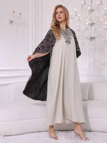 2026新款优雅银色刺绣阿拉伯女式长袍，配小V领披肩，时尚创意斋月传统服饰 - 杏色 - 查看 8