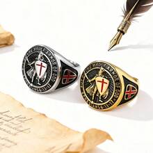 Ritter Templer Schild Design Edelstahl Ring, "Zieht die ganze Waffenrüstung Gottes an" (Epheser 6:13-17), Rotes Kreuz Muster Herren Ring - Schild - Übersicht 2