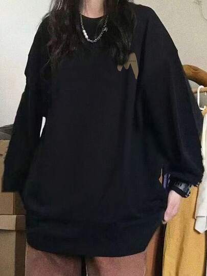 Women's All-Match Casual Loose Fit Long Sleeve T-Shirt, Versatile For Daily Wear, Featuring Minimalist Contrast Color Graffiti Letter Double-Sided Print Black Spring