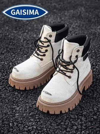  GAISIMA American Thick Sole Boots, Men's British Style Retro American Motorcycle Boots, Outdoor Yellow Boots