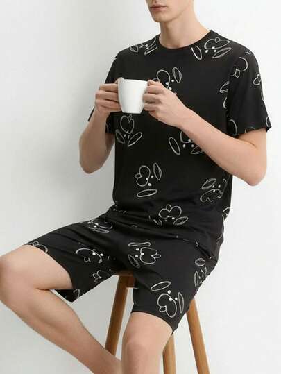 Men's Casual Comfortable Solid Color Printed Short Sleeve Shorts Pajama Set, Summer