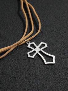 1件INS风卡其色蝴蝶结丝带十字架吊坠项链，女士系带颈链配饰 - 銀色 - 查看 5