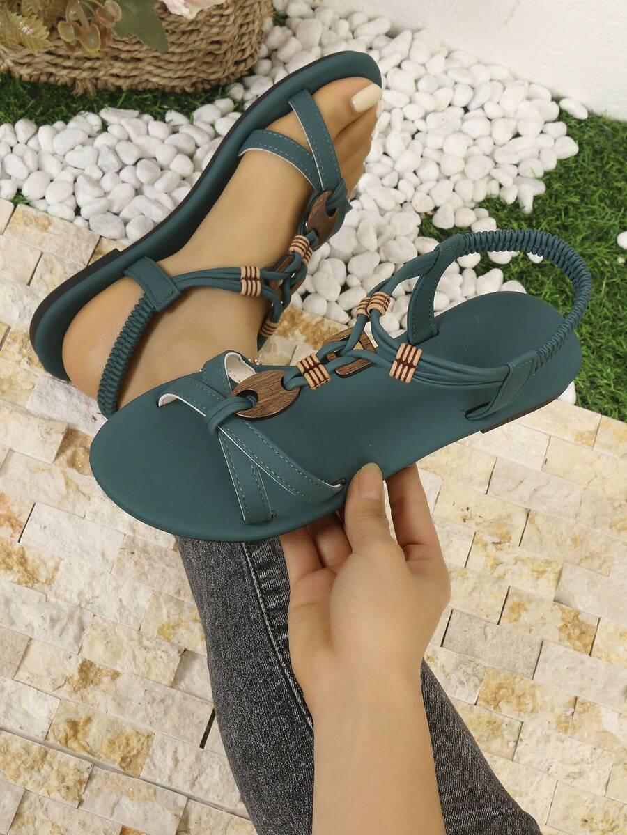 Giày sandal đế bằng màu trơn dành cho nữ, kiểu dáng Bohemian, quai chéo trang trí bằng gỗ, mang đến vẻ ngoài giản dị và lãng mạn, giày đi biển mùa hè. - màu xanh nhạt - Xem 1
