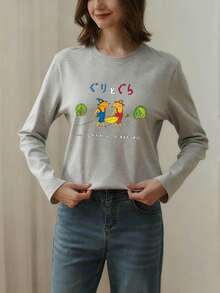 Cartoon Print Gray Round Neck Long Sleeve T-Shirt For Women, Casual Loose Versatile Top, Spring/Autumn - Light Gray - View 2