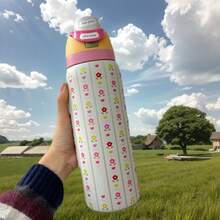 0walla 32oz Insulated Water Bottle Features A Vibrant Printed Design, Making It Stylish And Attractive. It Keeps Beverages Hot Or Cold For Up To 24 Hours. The Bottle Features A One-Touch Opening And A Built-In Straw, Offering Two Ways To Drink. A Convenient Handle Makes It Easy To Carry. The Large Capacity Meets Your Daily Hydration Needs, Making It A Fashionable And Practical Water Bottle Perfect For Commuting, Work, And School. - Coral Pink - View 2