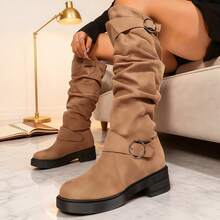 These Versatile Women's Chunky-Heeled Knee-High Boots Feature A Wide Leg And A Bonded Design. The Solid Color And European/American Style Are Accented With A Retro-Inspired Pleated Pointed Toe, Exuding A Fashionable Vibe. - 鏽棕色 - 查看 2