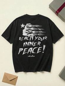 Hell Star Reach Inner Peace Graphic Tee Unisex Couple Matching Boyfriend Style Reach Your Inner Peace Text Double Sided Print Flame Head Profile Y2K Grunge Summer Outfits Cotton Graphic Tees Men Oversized T Shirt Summer Clothes Men Winter Clothes - màu đen - Xem 5
