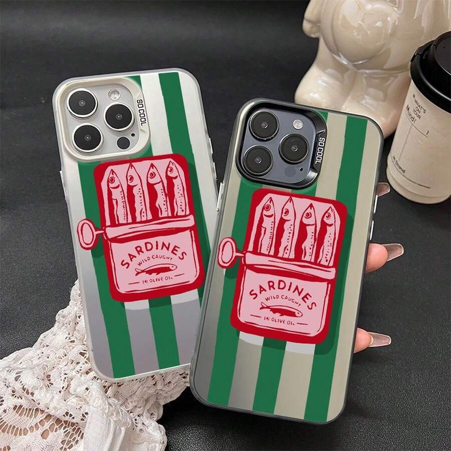 Canned fish Phone case suitable for 17, 16, 15, 14, 13, 12, 11, 8, 7 Pro Max, AIR, PLUS, X, XS. Gift for friends, gift for family, couple's style, unisex, Halloween gift, Easter gift, silver phone case. - Teléfono pez encajonado OTUXJU negro con carcasa plateada en blanco y negro - - Ver 1