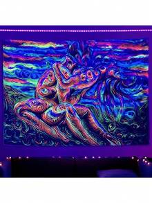SparkLia Blacklight Lover Tapestry, Colorful Abstract Art Of Love Kiss UV Reactive Neon Tapestries, Woman Glow In The Dark Wall Hanging Home Décor For Bedroom - 51.2" X 59.1" - 1PC - 查看 3