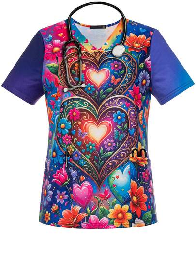Women's Easter Floral Heart Print V Neck Short Sleeve Scrub Top With Pockets For Women