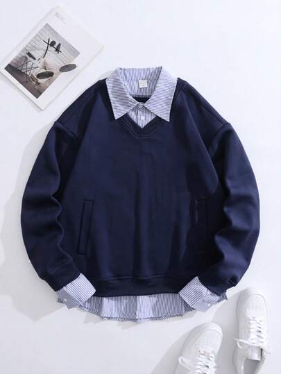 男士休闲条纹拼接纽扣领长袖polo衫，适合春秋季穿着