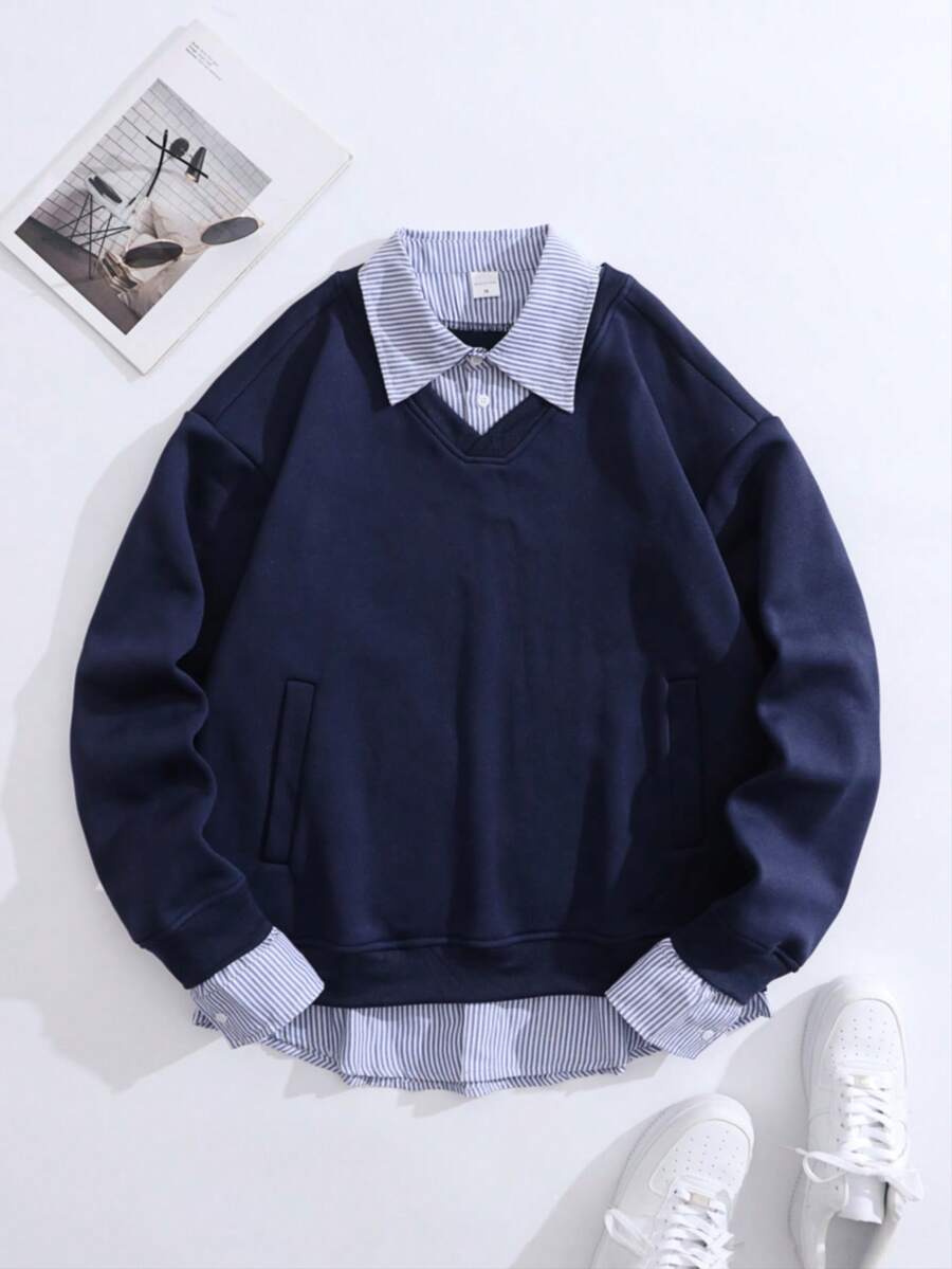 男士休闲条纹拼接纽扣领长袖polo衫，适合春秋季穿着 - 藏蓝色 - 查看 1