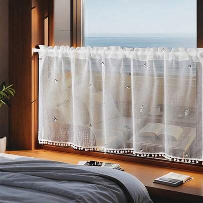 1 st broderad cafégardin med veteöron, fräsch pastoral stil med veteöron och volangkant, lämplig för köksskåp, burspråk, dörröppning, rumsavdelare, heminredning