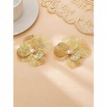 1 Pair Women's Vintage Elegant Metallic Gold Textured Floral Pendant Earrings - Vàng-6 - Xem 6