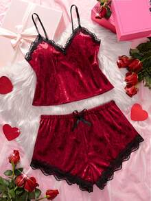 2pcs Valentine's Day Women Elegant Lace & Velvet Sleepwear Set, V-Neck Camisole With Elastic Waist Bow Shorts, Christmas Velvet Pajamas Loungewear - Burgundy - View 8