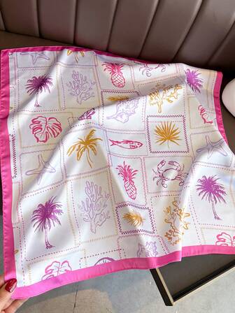 1 pieza Chal fino de protección solar con elementos vintage de océano, estrella de mar y concha, pañuelo cuadrado de imitación de seda para mujer, adecuado para playa, calle, diario, vacaciones y decoración.