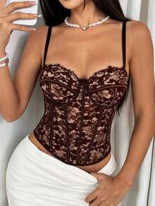Áo corset kiểu bustier viền ren hoa dành cho nữ, thanh lịch và thoải mái cho mùa hè. - màu nâu - Xem 3