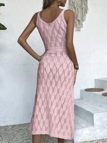 优雅女士春夏时尚日常休闲周末度假纯色针织镂空连衣裙女士V领针织连衣裙女士白色春夏长裙黄色沙滩裙简约返校夏季女士套装女士情人节粉色长款派对连衣裙 - 粉色 - 查看 2