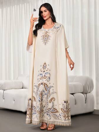 女士杏色印花连衣裙 – 休闲优雅，圆领，蝙蝠袖，宽松/系腰两穿法，无弹力，春夏款，日常穿着及新年装扮皆宜