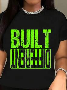 Plus Size BUILT TOUGH Neon Green Graphic DesignWomen Casual Round Neck T-Shirt Pure Comfortable Fabric Suitable For Everyday Outdoor Big Women Size L-3XL 4XL 5XL - 黑色 - 查看 2