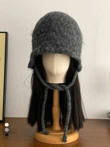 1pc Autumn/Winter Waffle Knit Bucket Hat, New Design With Knitted Blend, Tie-Up, Face-Framing, Warm Knit Cap, Ear Protection, Versatile, Grey Knit Hat, Soft & Cozy, Large Head Circumference, Bucket Hat, Warm Trapper Hat - Multicolor - View 16