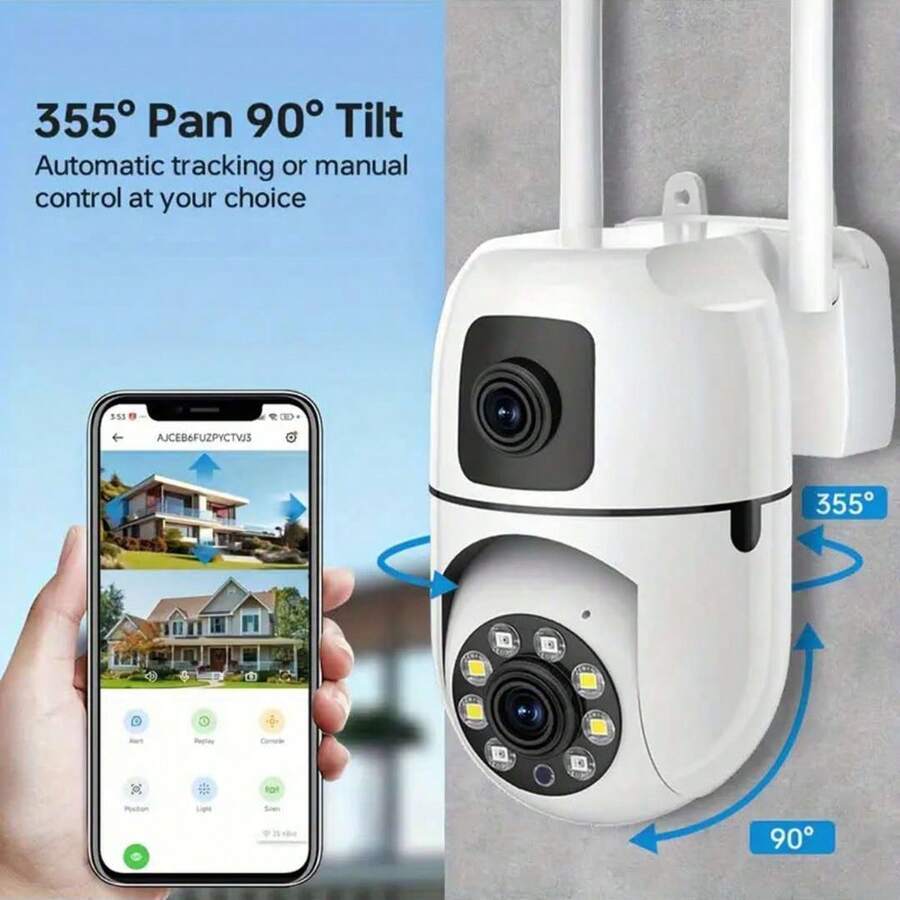 8MP Dual Lens WiFi Security Camera, Full-Color Day & Night Vision, PTZ Tracking & Motion Detection, Wireless Alarm, Two-Way Audio, Dual-Screen App Control, Cloud/SD Card Storage, USB Powered, Wall-Mountable Design, Suitable For Home/Yard/Shop Monitoring | Modern Security Camera With Advanced Features - White - View 1