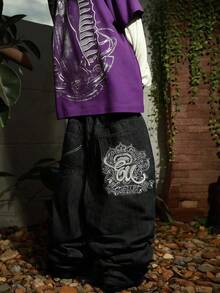 Quần jeans nam ống rộng dáng suông phong cách Grunge Goth Y2K, thêu họa tiết, đa năng, phù hợp mọi mùa, thời trang đường phố, thích hợp cho công sở, đi làm, biểu diễn sân khấu, đi chơi với bạn bè và hoạt động ngoài trời. - màu đen - Xem 2