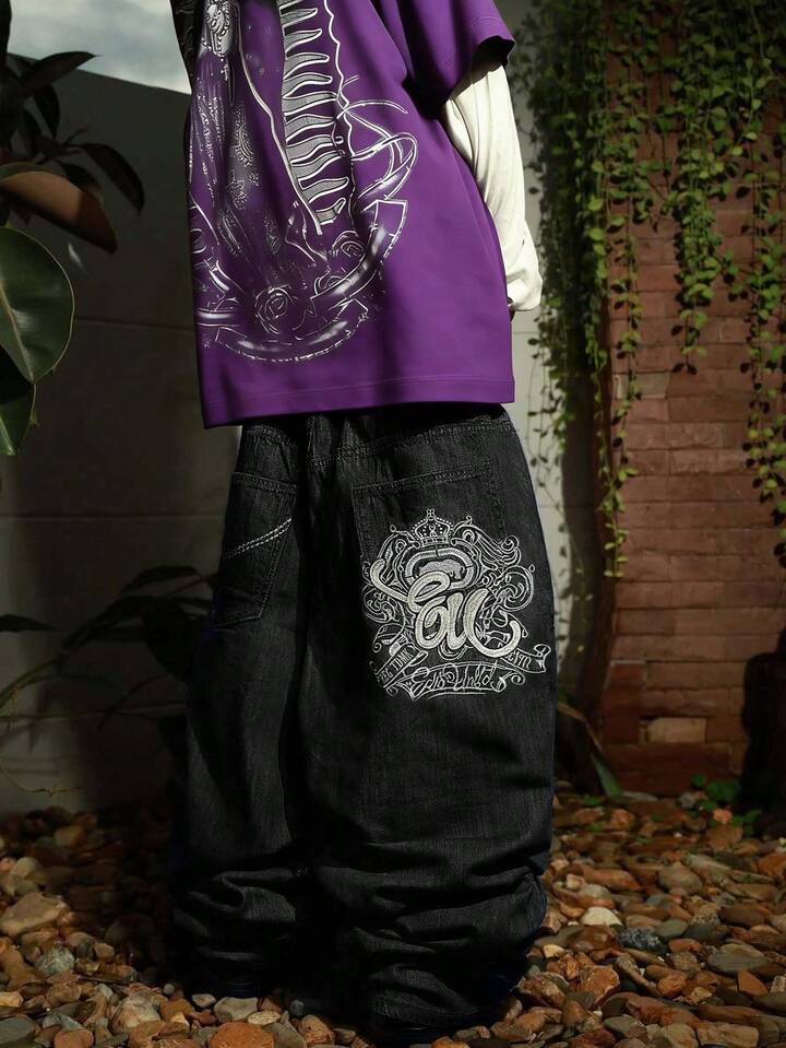 Denim Largos e Soltos com Bordado, Estilo Grunge Goth Y2K Casual