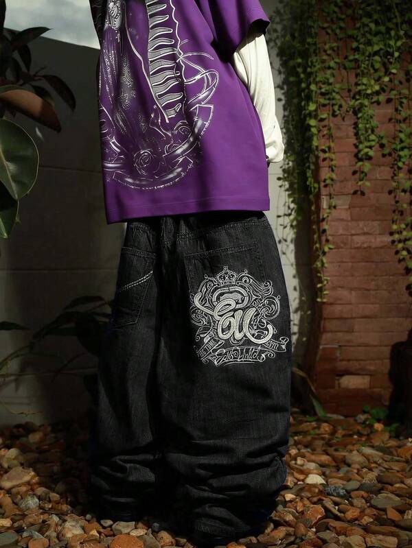 Grunge Goth Y2K Style Men's Casual Embroidered Loose Wide-Leg Jeans, Versatile All-Season, Fashionable Streetwear, Suitable For Work, Commute, Stage Performance, Hangout With Friends, Outdoor Wear