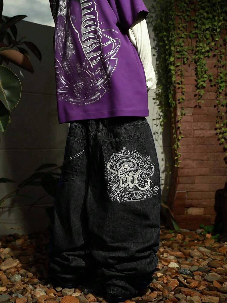 Quần jeans nam ống rộng dáng suông phong cách Grunge Goth Y2K, thêu họa tiết, đa năng, phù hợp mọi mùa, thời trang đường phố, thích hợp cho công sở, đi làm, biểu diễn sân khấu, đi chơi với bạn bè và hoạt động ngoài trời. - màu đen - Xem 1