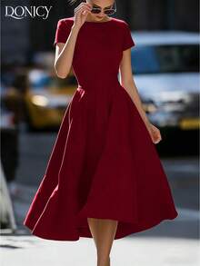 DONICY Women's Burgundy Round Neck Short Sleeve Tie-Waist Flare Midi Dress, Spring/Summer New Fashionable Elegant Dress For Valentine's Day, Date Night, Wedding Guest, Party, Carnival - Burgundy - View 3