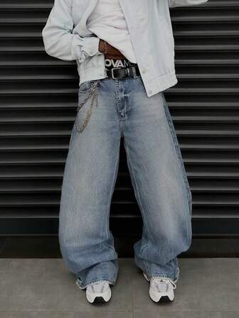 Jeans de mezclilla rectos y holgados con efecto desgastado vintage, estilo de moda callejera para hombres