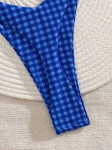 PEPPERMOLLY 新款格子柔软系带露背可爱比基尼，女士夏季沙滩时尚泳装套装度假 - 藍色1 - 查看 5