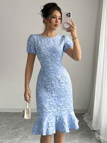 2026 Rose Elegant Woven Fabric Zipper Jacquard Dress, Suitable For Beach, Evening, Date, Holiday, Party - Baby Blue - View 1