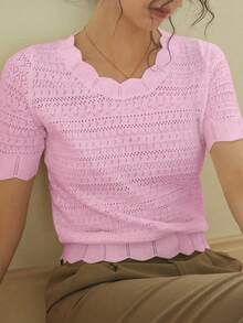 Knit Mix 女士优雅休闲纯色镂空圆领短袖针织T恤，适合春夏穿着，日常、居家、办公、通勤皆宜。 - 粉紅色 - 查看 3