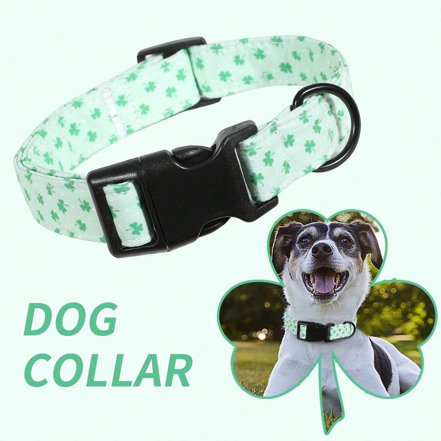 1pc Adjustable St. Patrick's Day Themed Lucky Pink & Green Clover Dog Collar, Quick Release Safety Buckle, Breathable, Fits Small/Medium/Large Dogs, Rust-Resistant Metal Ring, Ideal Small Dog Birthday Gift - Mint Green - View 1