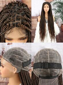 Full Lace Wig 32inch Long Box Braids Wigs For Black Women Daily Used Full Lace Knotless Box Cornrow Braids Lace Frontal Wig For Women Synthetic Black Hand Embroidery Full Double Lace Braid Wig With Baby Hair Long Straight Natural Black Mix Brown Heat Resistant Synthetic Hair Braided Wig For Christmas New Year Carnival Music Festival - Multicolor - View 7