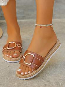 Sandalias planas de playa de PU de color marrón óxido versátiles y de moda para uso diario casual, tallas grandes del 35 al 45, para mujeres - PU marrón óxido - Ver 4