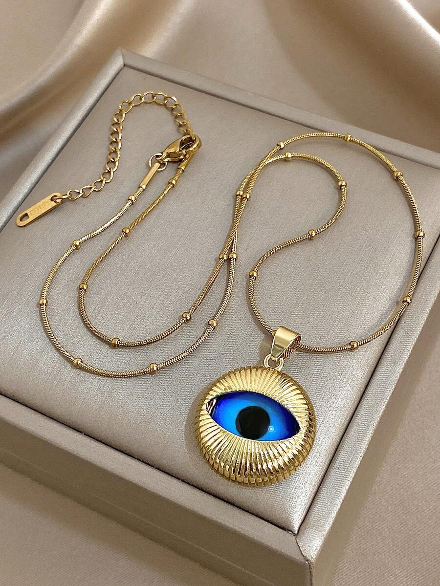 Gold Evil Eye Pendant Necklace, Blue Eye-Shaped Necklace, Bohemian-Style Amulet, Suitable For Summer, Vacation, And Street Style, Unisex, Valentine's Day Gift. - Multicolor - View 1